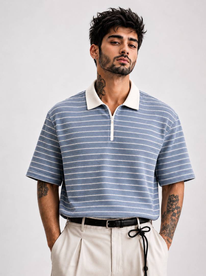 Men Striped Zip Neck Cotton Blend Blue T-Shirt