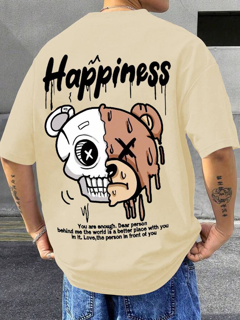 Men Graphic Print Round Neck Cotton Blend Beige T-Shirt