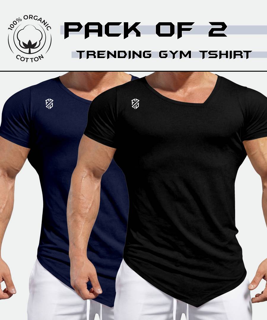 Pack of 2 Men Solid, Printed V Neck Pure Cotton Black T-Shirt