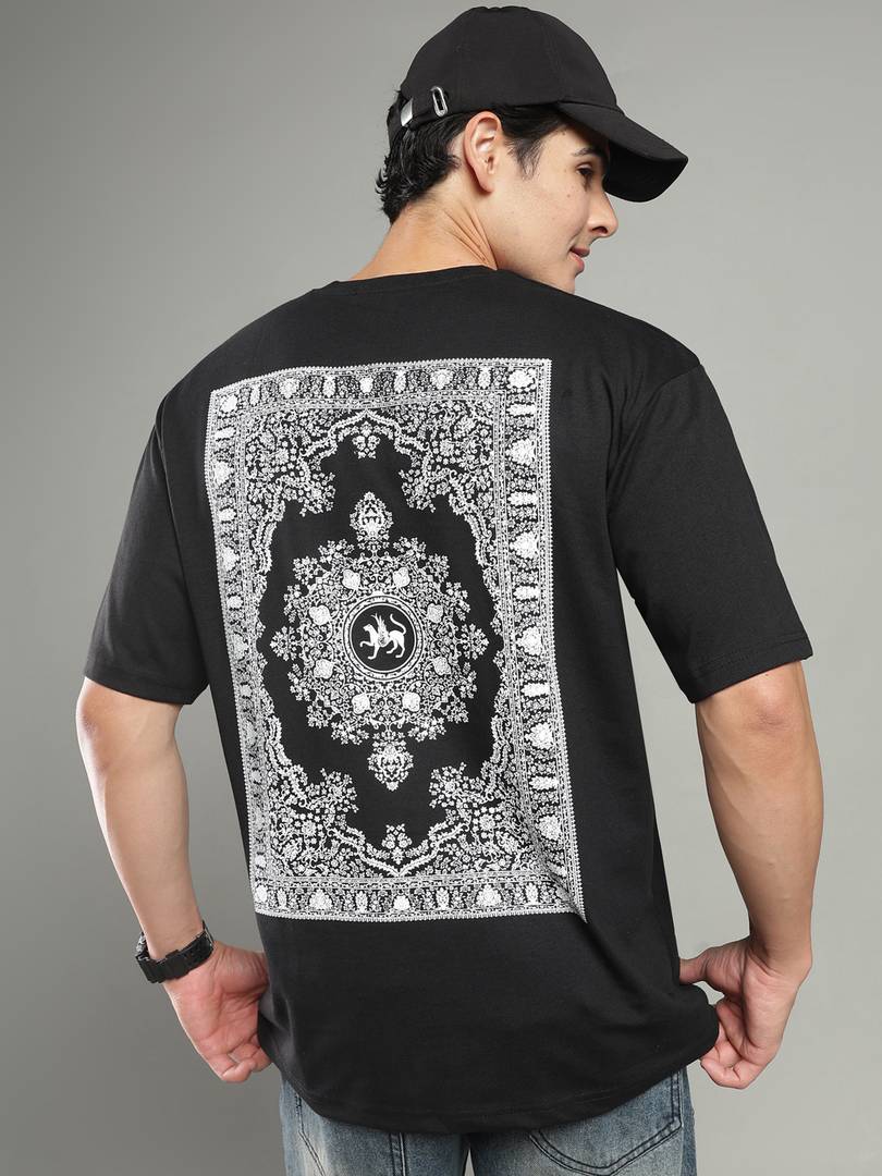Men Tribal Print Round Neck Cotton Blend Black T-Shirt
