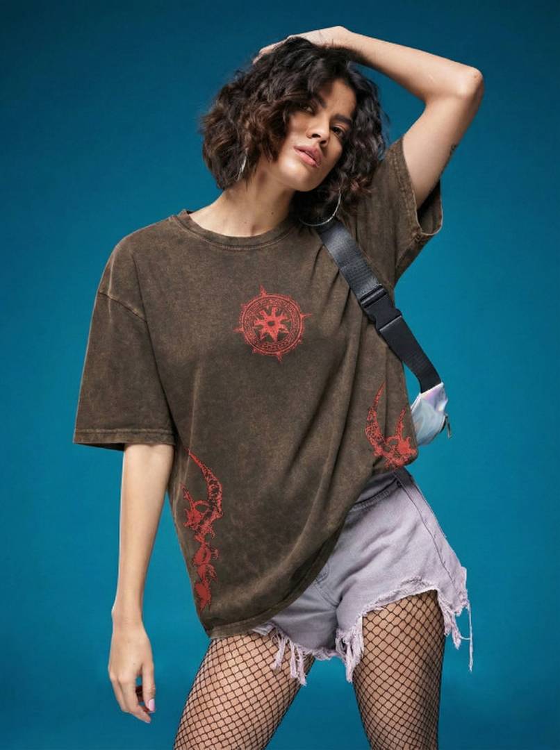 Men Printed Round Neck Cotton Blend Brown T-Shirt