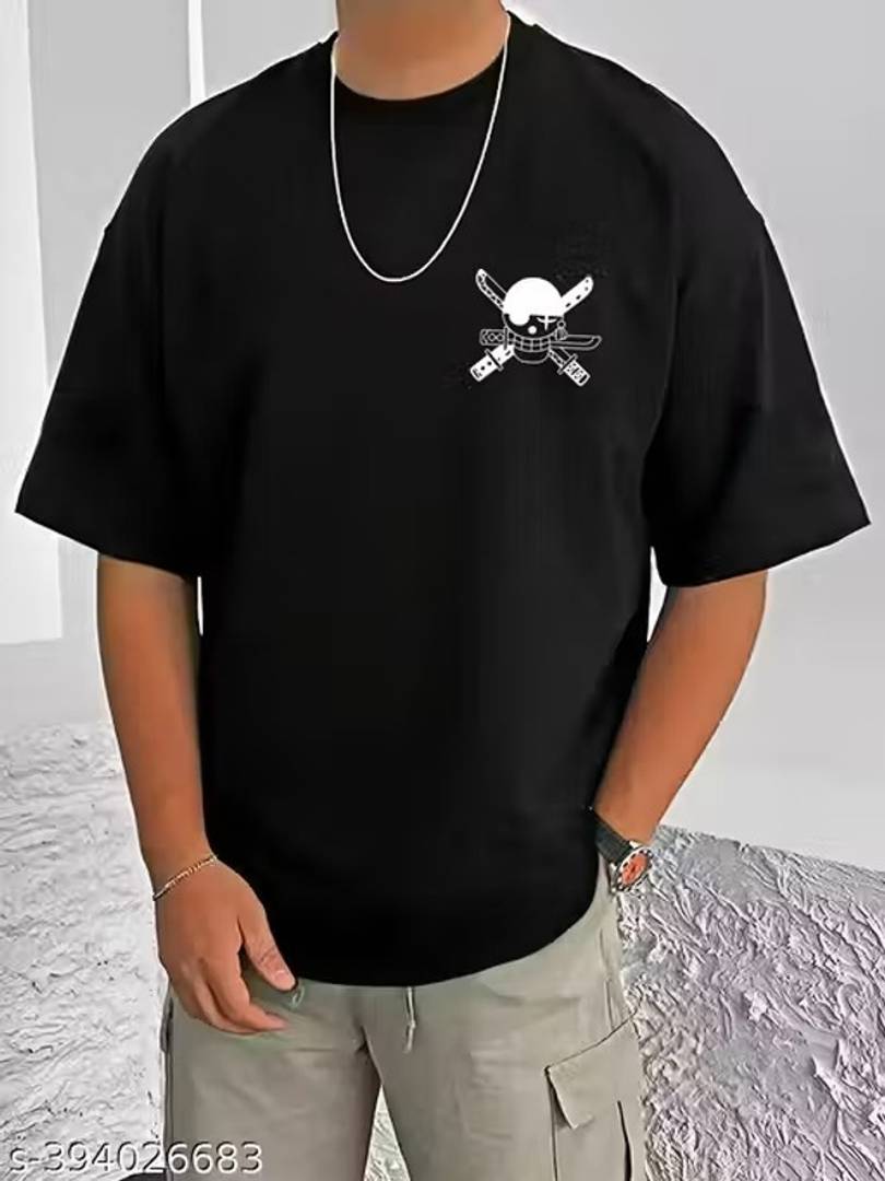 Men Graphic Print Round Neck Cotton Blend Black T-Shirt