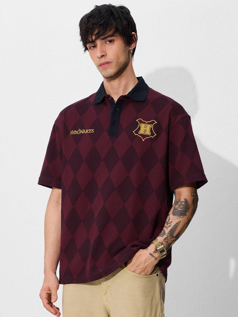 Men Embroidered Polo Neck Pure Cotton Maroon T-Shirt