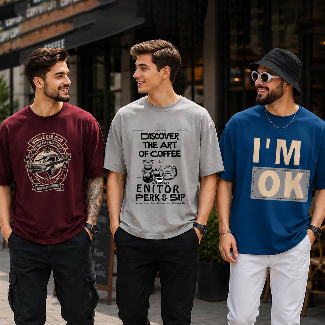 Pack of 3 Men Graphic Print Round Neck Cotton Blend Maroon, Grey, Blue T-Shirt