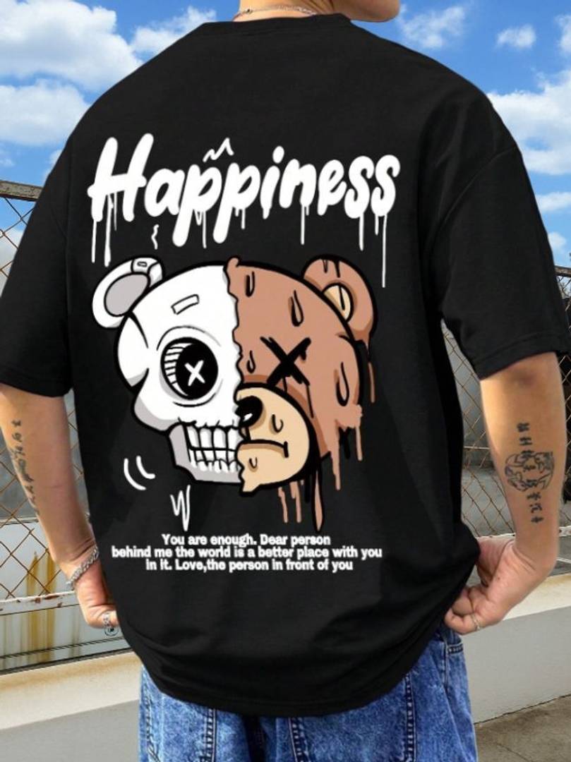 Men Printed Round Neck Cotton Blend Black T-Shirt