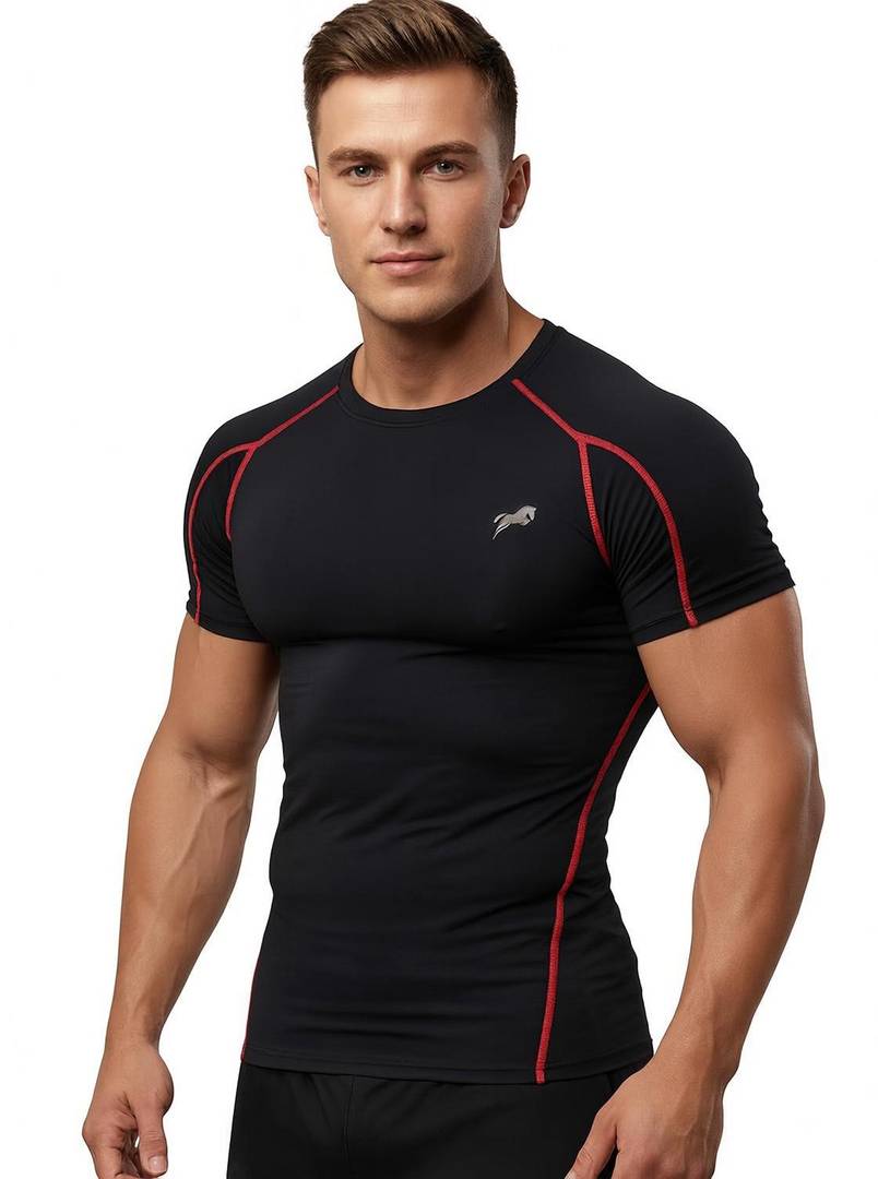 Men Solid Crew Neck Polyester Black, Red T-Shirt
