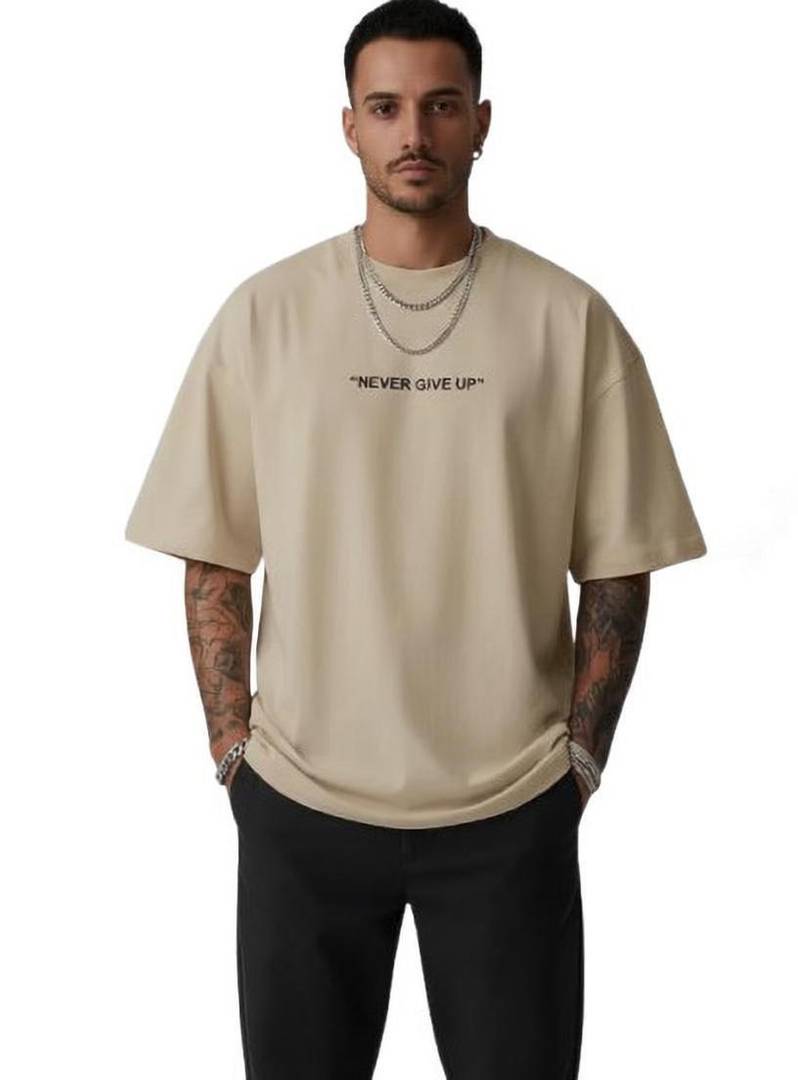 Men Printed Round Neck Cotton Blend Beige T-Shirt