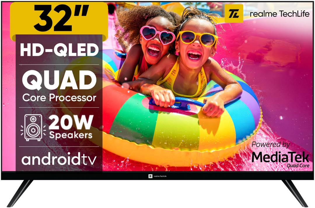 realme TechLife 80 cm (32 inch) QLED HD Ready Smart Android TV with Thunder OS, Live TV, Netflix, 100+ Apps, 20W Speakers, 300 Nits Brightness, Bezel-