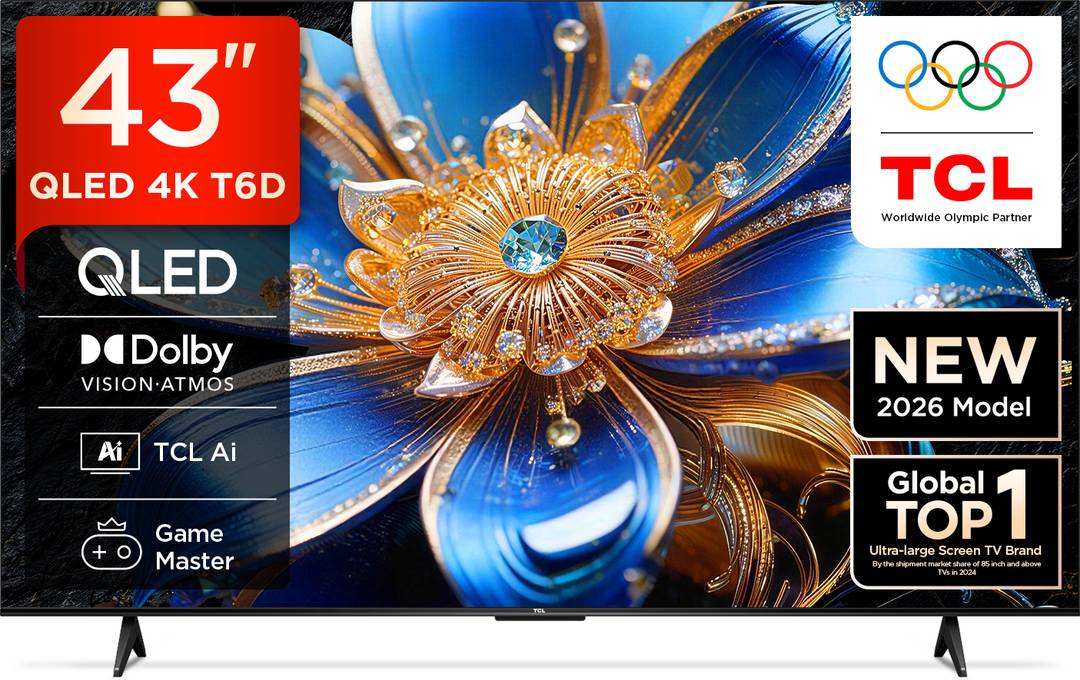 TCL T6D 107.95 cm (43 inch) QLED Ultra HD (4K) Smart Google TV 2026 Edition with HDR10+ Dolby Vision- Atmos 28W HVA Panel TCL AI Slim & Uni body Desig