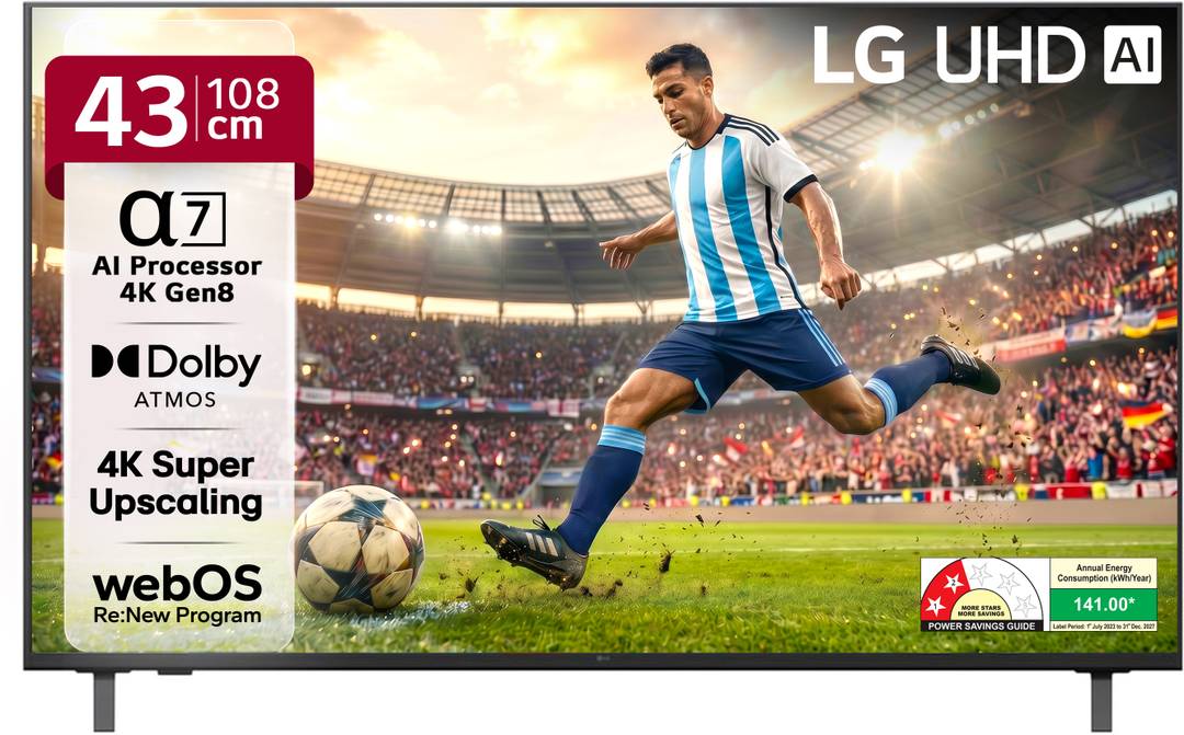 LG AI TV UA7380 108 cm (43 inch) Ultra HD (4K) LED Smart WebOS TV 2025 Edition with Alpha7 AI Processor 4K Gen8 | 4K Super Upscaling| 4K Expression En