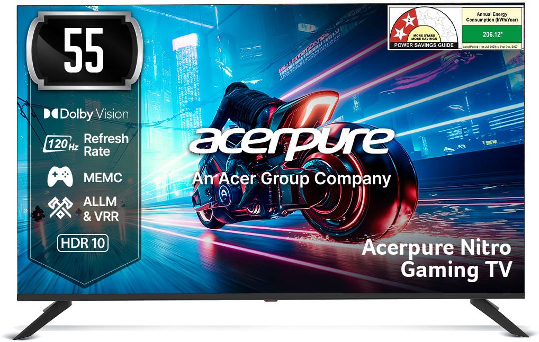 acerpure nitro 139 cm 55 inch qled ultra hd 4k smart google tv 120 hz gtv 5 0 android 14 dolby vision dolby atmos 50w sound tuner wi fi direct allm vrr memc karaoke ai gaming wall mount