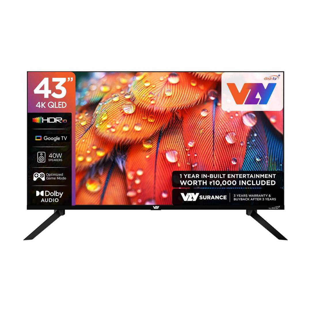VZY by DishTV 109 cm (43 inch) QLED Ultra HD (4K) Smart Google TV with Entertainment Hub By dishtv | 12 Months Royale Sports Kids / Family HD Pack ( C