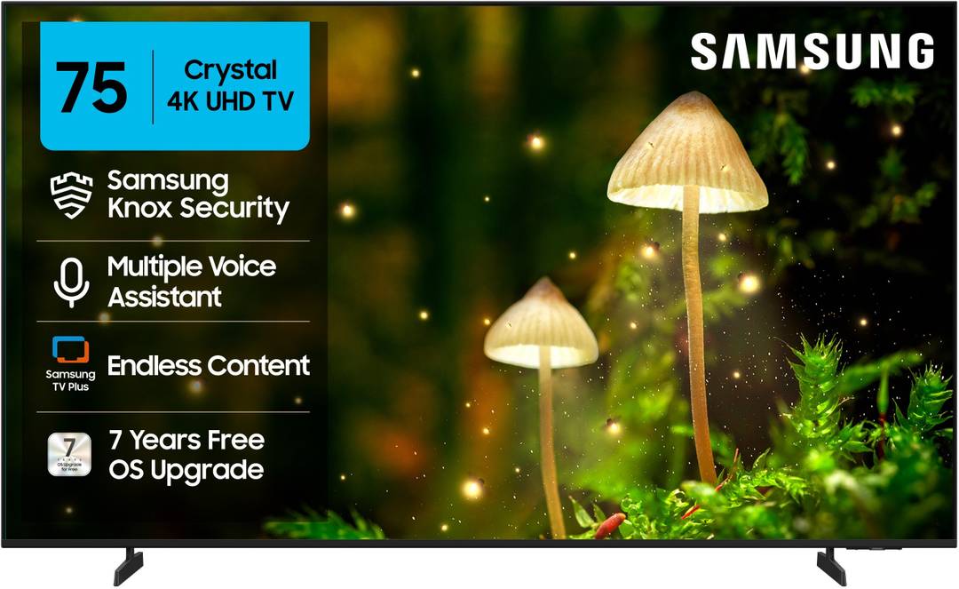Samsung Crystal 4K 189 cm (75 inch) Ultra HD (4K) LED Smart Tizen TV with 4K Upscaling | HDR 10+ | SolarCell Powered Voice Assistance Remote Control |