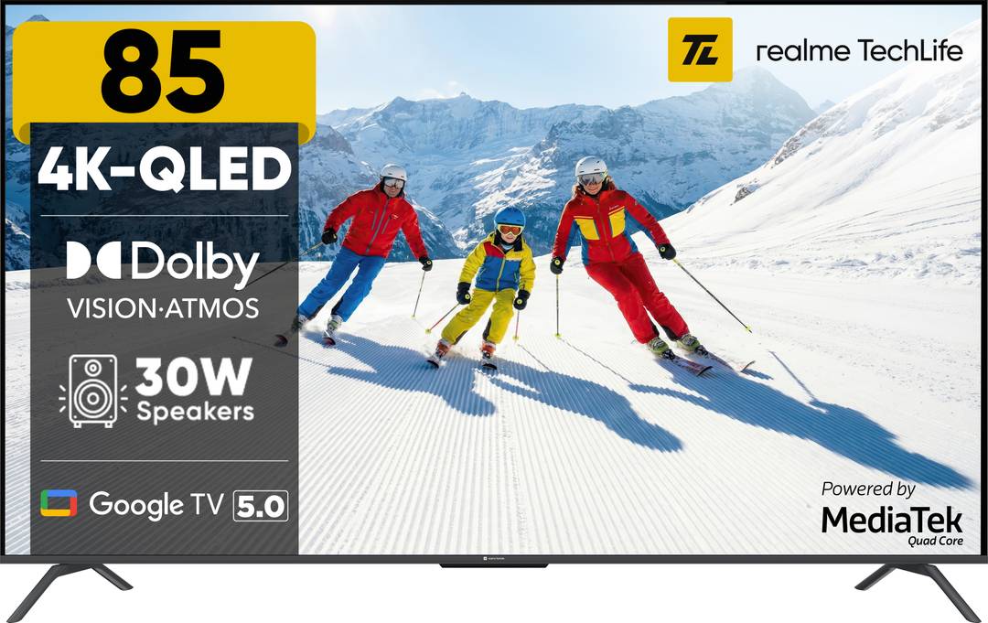 realme TechLife 215 cm (85 inch) QLED Ultra HD (4K) Smart Google TV 2026 Edition with 5.0 OS, Dolby Audio, and 30 W downfiring speaker 85UHDGQRWSDQ