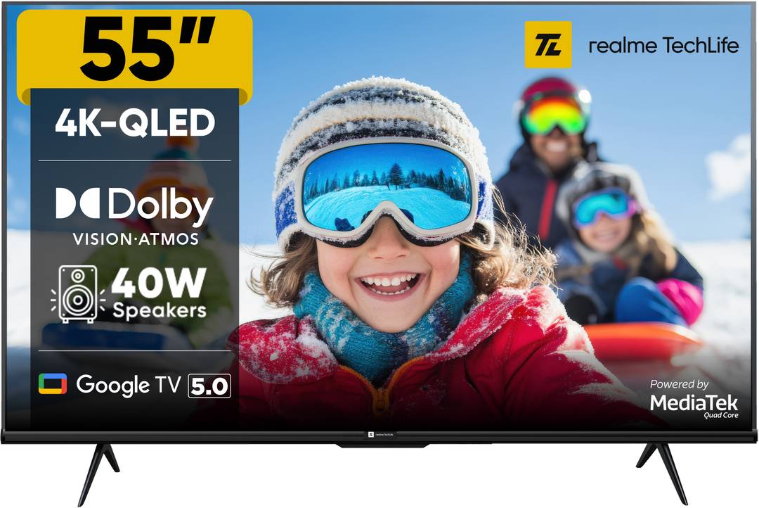 realme TechLife 140 cm (55 inch) QLED Ultra HD (4K) Smart Google TV 2025 Edition with 5.0 with Dolby Atmos, and 40 W downfiring speaker (55UHDGQRVSAQ)