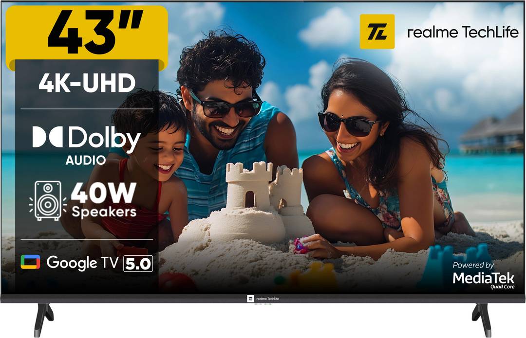 realme TechLife 109 cm (43 inch) Ultra HD (4K) LED Smart Google TV with 5.0 with Dolby Audio, and 40 W downfiring speaker 43UHDGDRVSAB