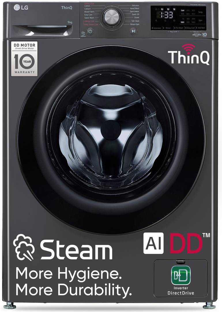 LG 9 kg 5 Star with AI Direct Drive, 6 Motion, Inverter Direct Drive, Steam and Wi-Fi Enabled Fully Automatic Front Load with In-built Heater Black (F