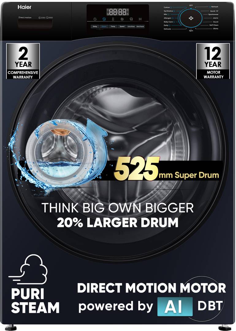 Haier 9 kg 5 Star with Powered by AI-DBT, PuriSteam, 525 mm Super Drum, Inbuilt Heater, AI DBT Washer Fully Automatic Front Load Black, Blue EFL90-DM1