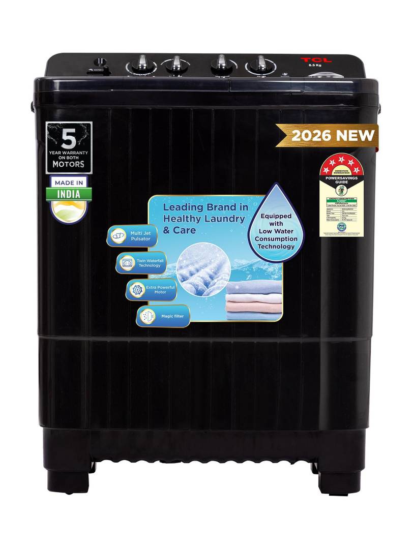 TCL 8.5 kg 5 Star with Extra Powerful Motor, Magic & Lint Filter, Multi Jet Pulsator and Fast Dry Semi Automatic Top Load Washing Machine Black