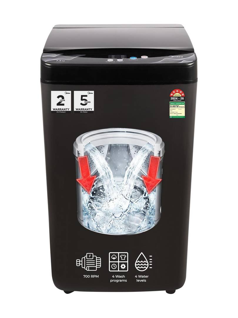 Midea 7.5 kg Fully Automatic Top Load Washing Machine Black