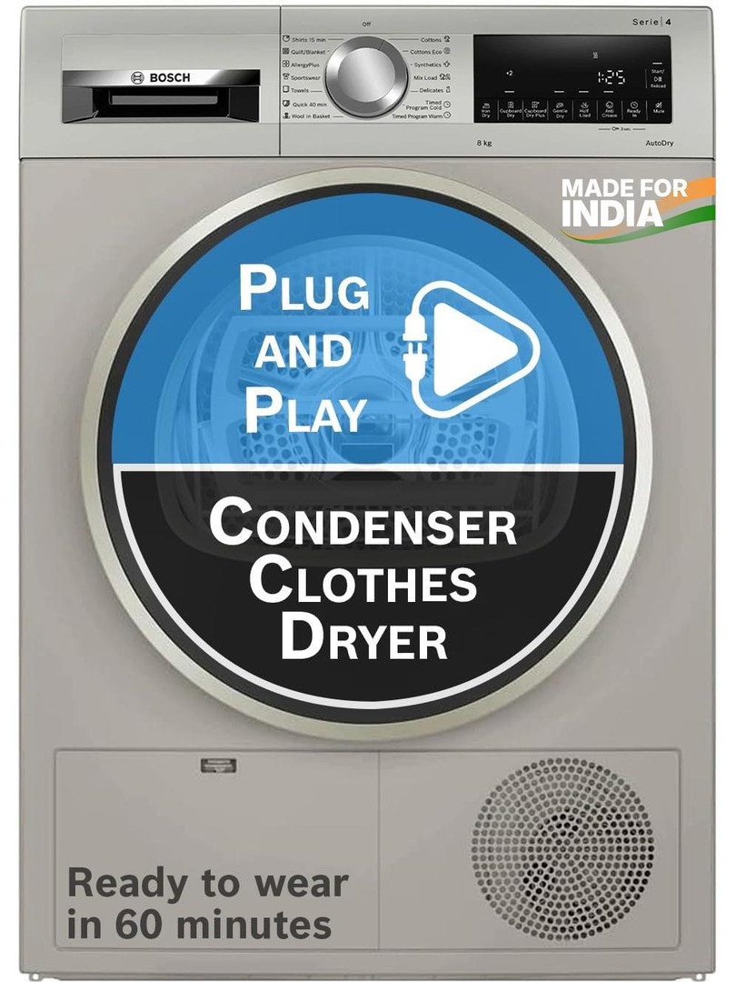 BOSCH 8 kg Tumble Dryer with In-built Heater Grey WPG23108IN