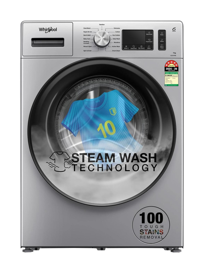 Whirlpool 7 kg 5 Star Inverter 100+ Tough Stains, Steam Technology Fully Automatic Front Load with In-built Heater Silver SUPREME CARE SILVER 7012 -E