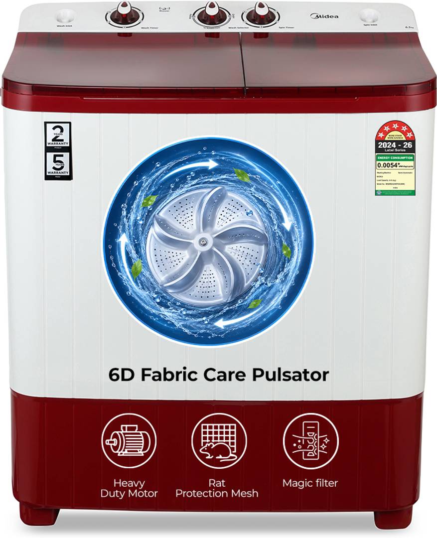 Midea 6.5 kg Semi Automatic Top Load Washing Machine Maroon, White