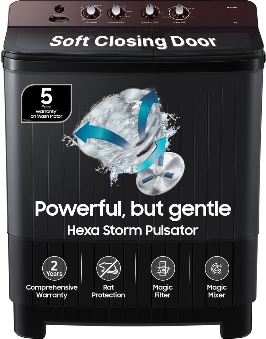 Samsung 8 kg 5 Star, Soft Closing Door, Hexa Strom Pulsator Semi Automatic Top Load Grey WT80F4560RD/TL