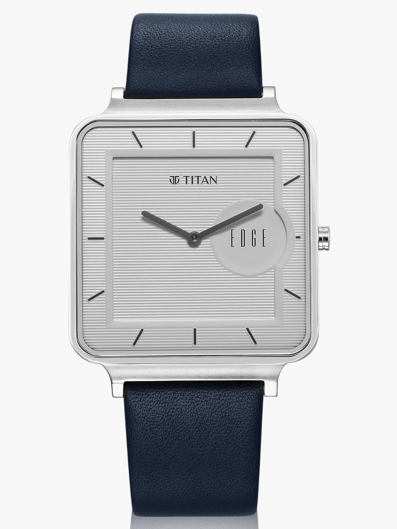 titan edge quad white dial blue leather strap analog watch men