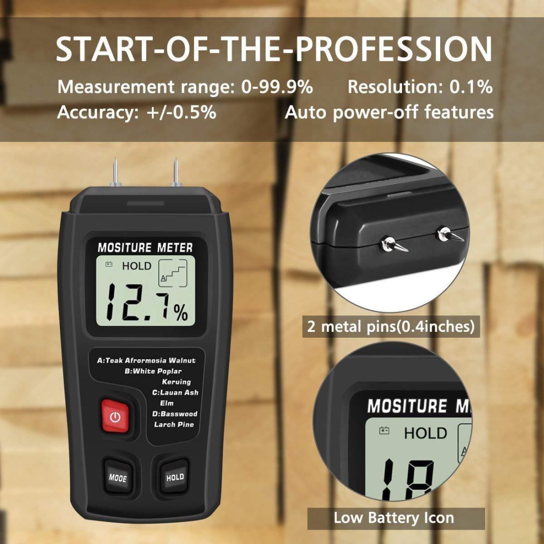 0-99.9% Pin Type Digital Wood Moisture Meter for Firewood,Wood Humidity  Tester W