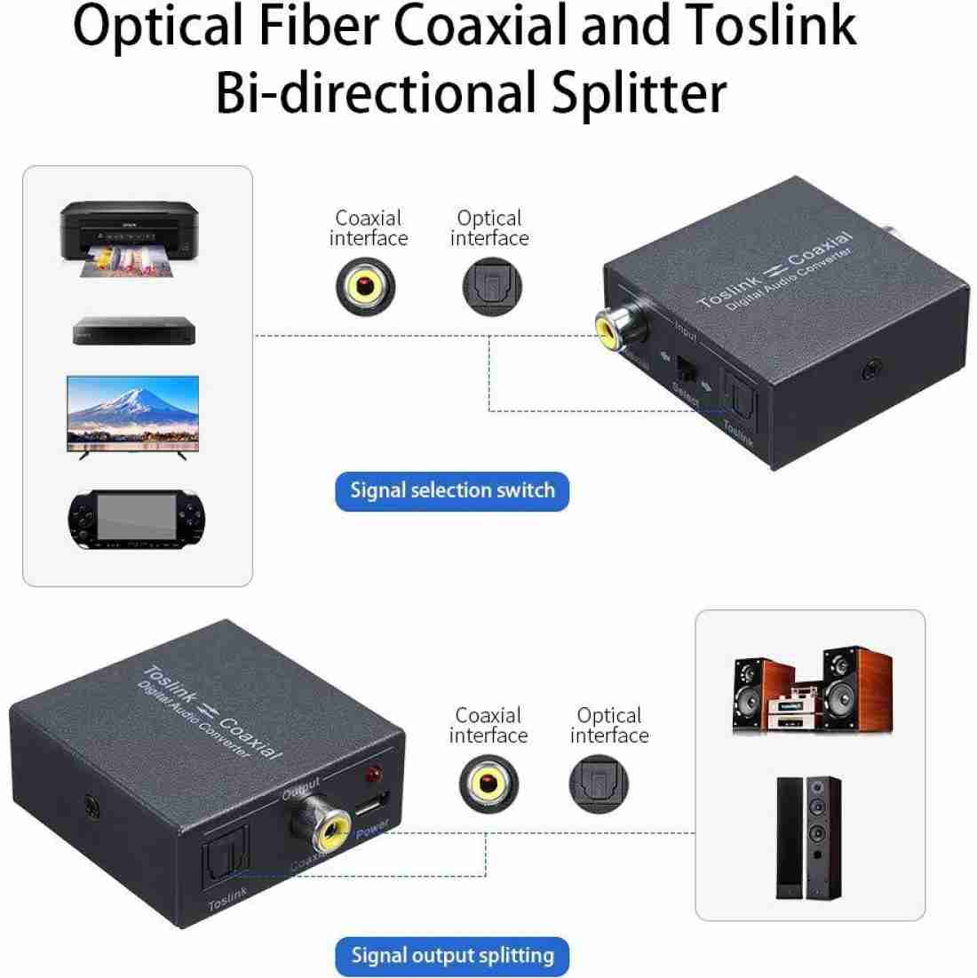2 Way Digital Audio Converter Bi-direction RCA Coaxial to Optical SPDIF  Toslink