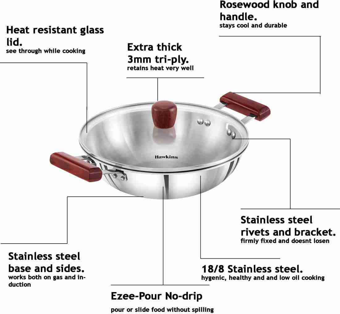 Hawkins 22 cm Tava, Triply Stainless Steel Tawa with Stainless Steel  Handle, Induction Tawa, Silver (SSTV22)