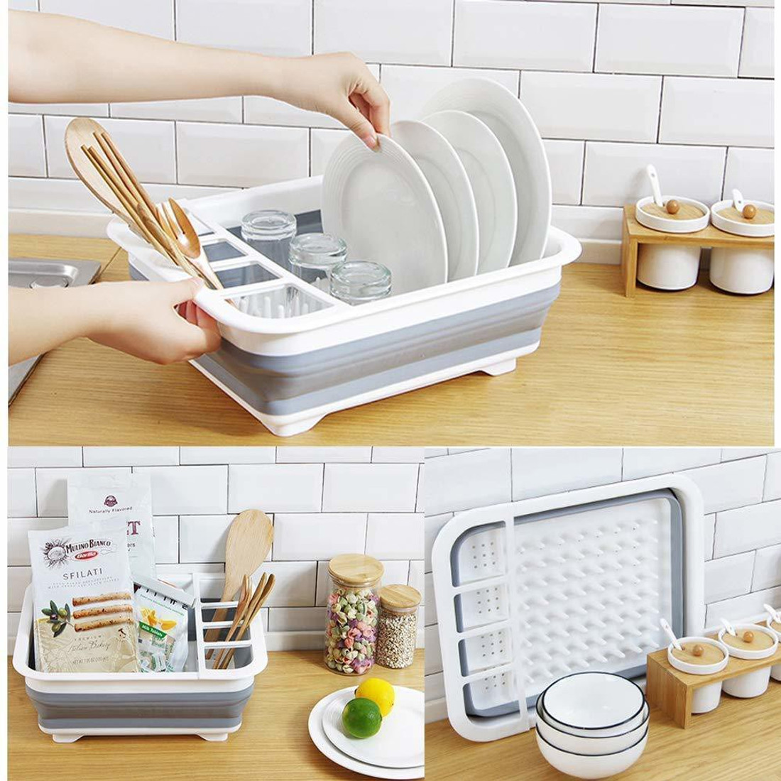 TOPHAVEN Dish Drainer Kitchen Rack Plastic Collapsible Multipurpose Portable Dish Bowl Sink Rack Foldable Silicone Kitchen Drainer Tub Basin Water Strainer with Utensil Holder and Serving Tray Price i...