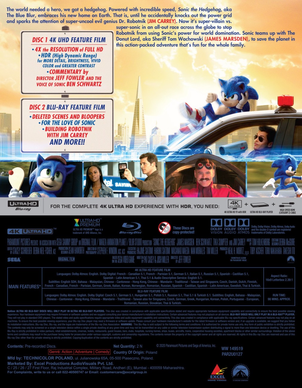  Sonic The Hedgehog 2 [4K UHD] : James Marsden, Ben Schwartz,  Tika Sumpter: Movies & TV