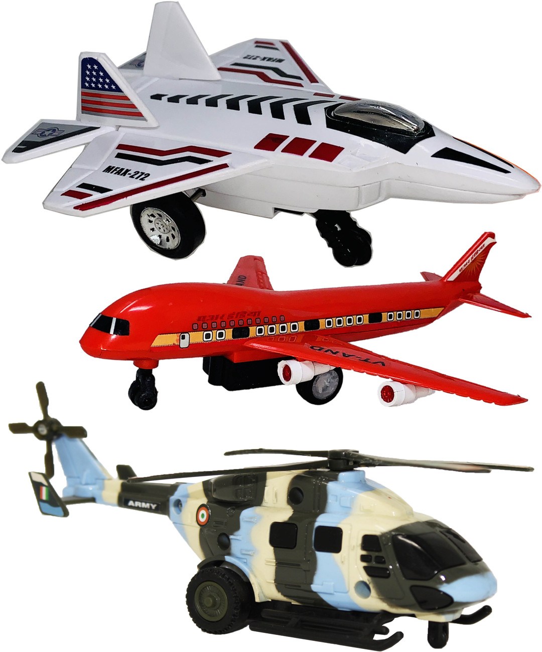 Miniature Mart 3 Small Size Plastic Made Indian Replica Fighter Jet Toy Passenger Plane Toy Indian Army Helicopter Toys For Children Kids Playing Toys Made In India 3 Combo Offer