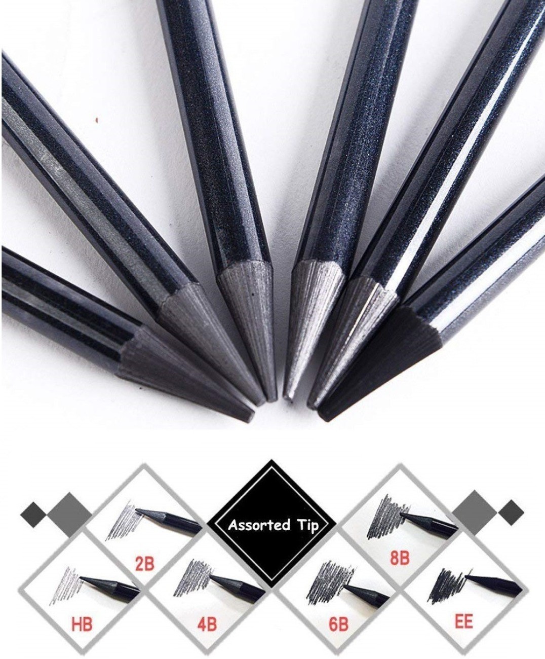 Definite Woodless Graphite Charcoal Pencils - HB, 2B, 4B,  6B, 8B and EE (Pack of 6) and One Kneadable Eraser for Charcoal and Pastel  Pencils; Ideal Drawing Set for Students