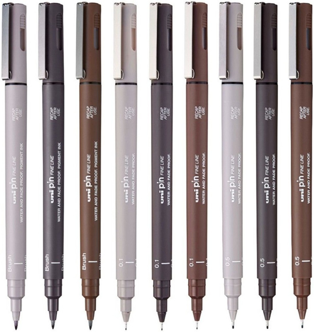 Uni Pin Fineliner Drawing Pen Set of 8, 0.1mm 0.8mm & Brush Nib 3 Colours 