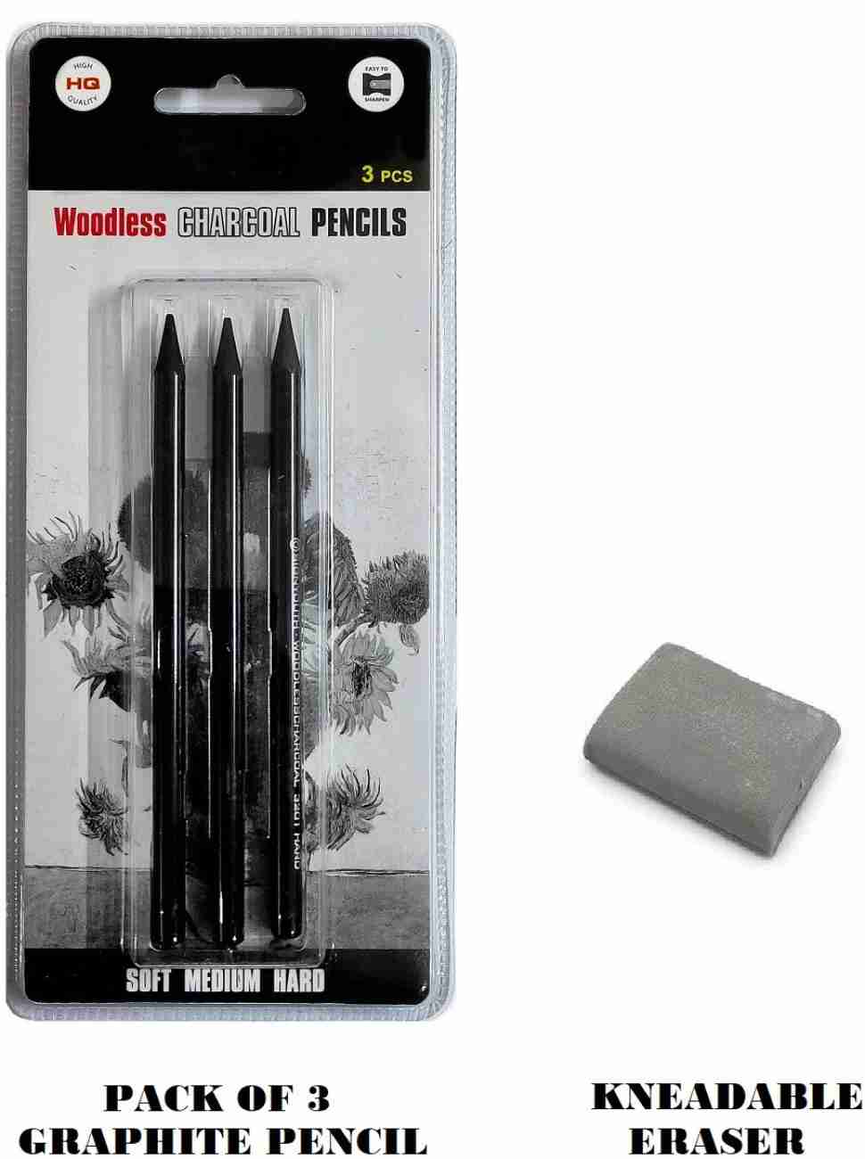 Definite Woodless Graphite Charcoal Pencils - HB, 2B, 4B,  6B, 8B and EE (Pack of 6) and One Kneadable Eraser for Charcoal and Pastel  Pencils; Ideal Drawing Set for Students