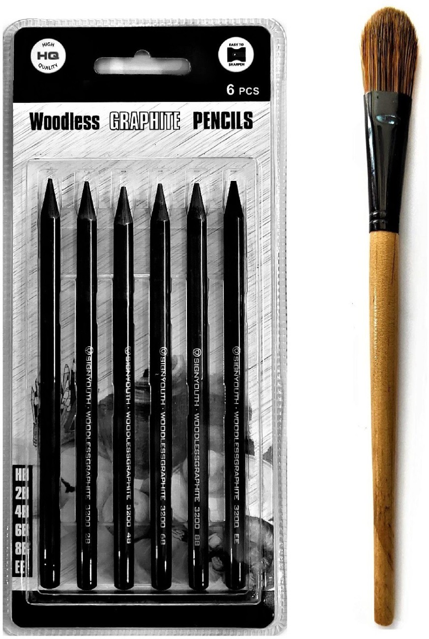 Definite Woodless Graphite Charcoal Pencils - HB, 2B, 4B,  6B, 8B and EE (Pack of 6) and One Kneadable Eraser for Charcoal and Pastel  Pencils; Ideal Drawing Set for Students