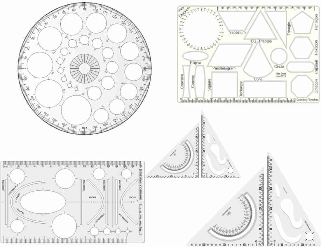 Upyukat Drawing templates: Pro Circle (25 Circles), Set  Square Big & Small, Circle master (35 circles), Drawing curves of 4  different shapes Drafting Scale Ruler Useful to Architect, Engineering or