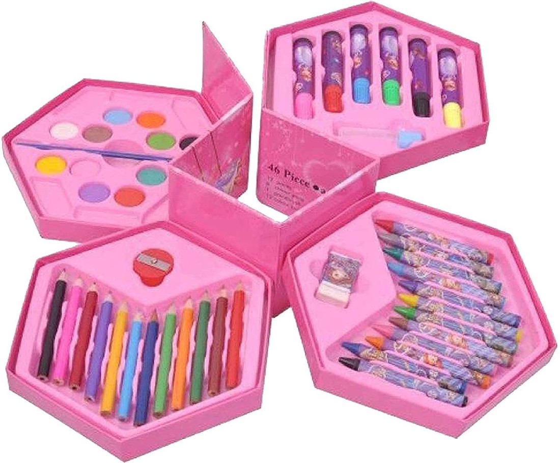 ADN 46 Pcs Drawing Set for Kids ,Set with Color Box, Pencil Colors Crayons  Colors Water Color Sketch Pens Set for Girls (PINK color box)