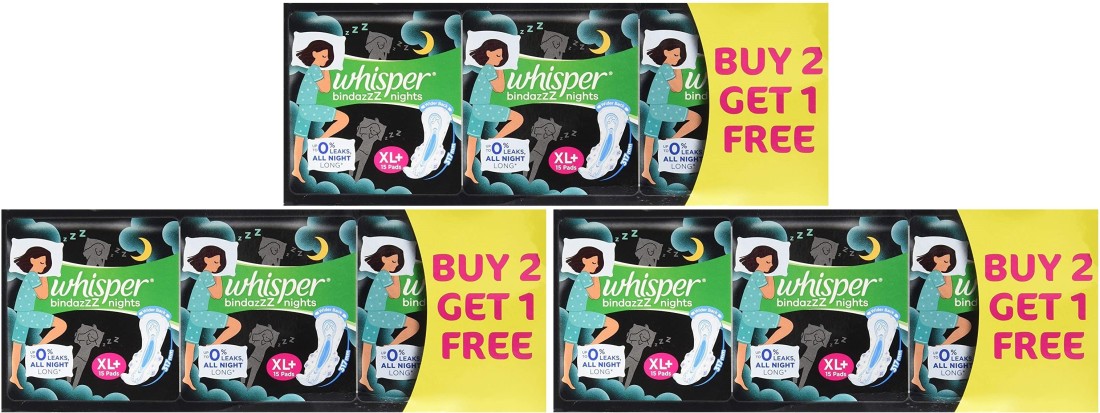 Whisper bindazZZ Nights, XL+ 15 (Buy 2 Get 1 free ) Sanitary Pad
