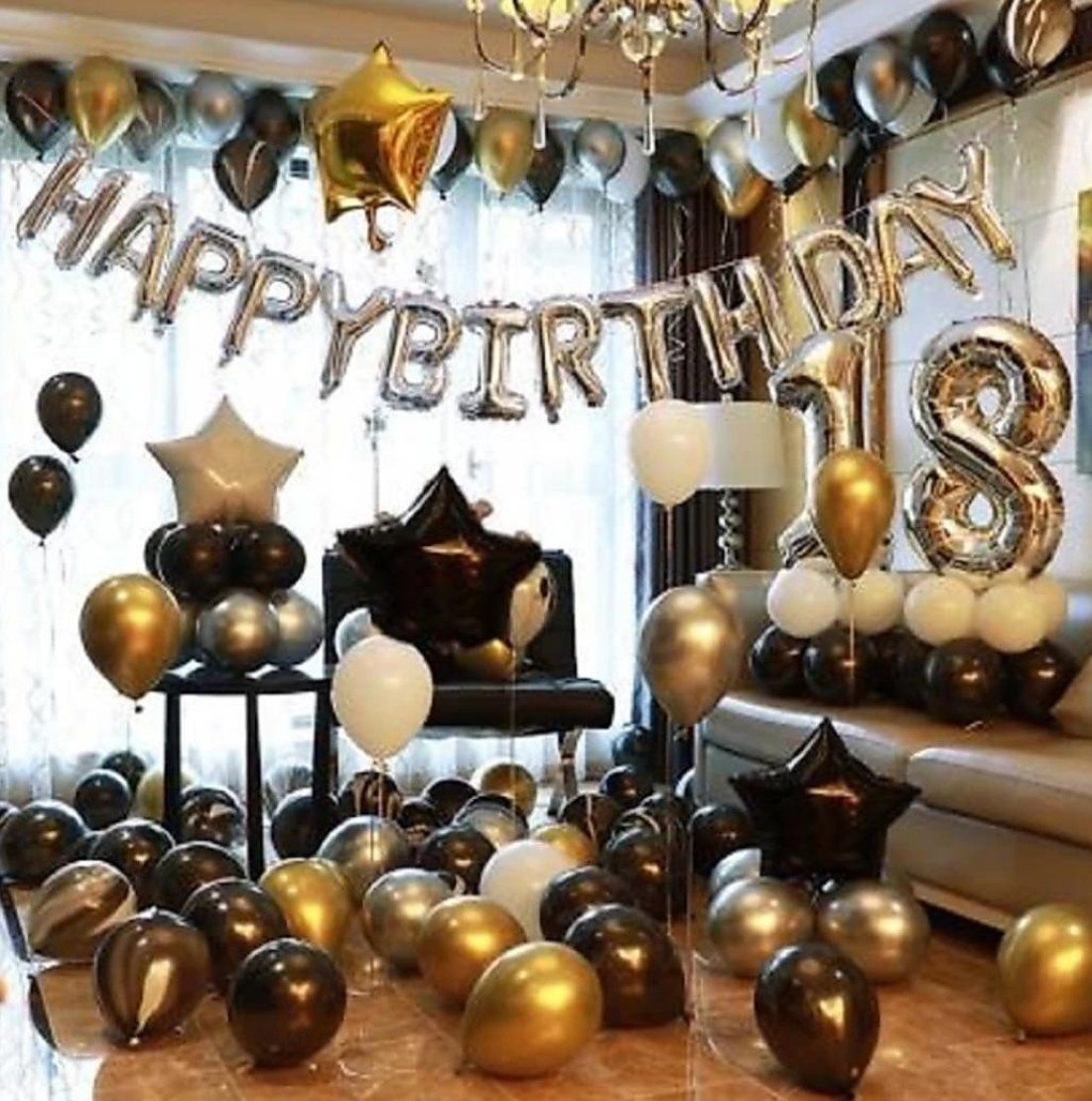 HBD Happy Birthday Decorations kit - Gold Black Silver theme for Birthday/ Party/Baby Shower/welcome home/ Season's Party Decorations - Happy Birthday  Foil Banner Silver, Gold Black and Silver Metallic Balloons Silver Star  Foils