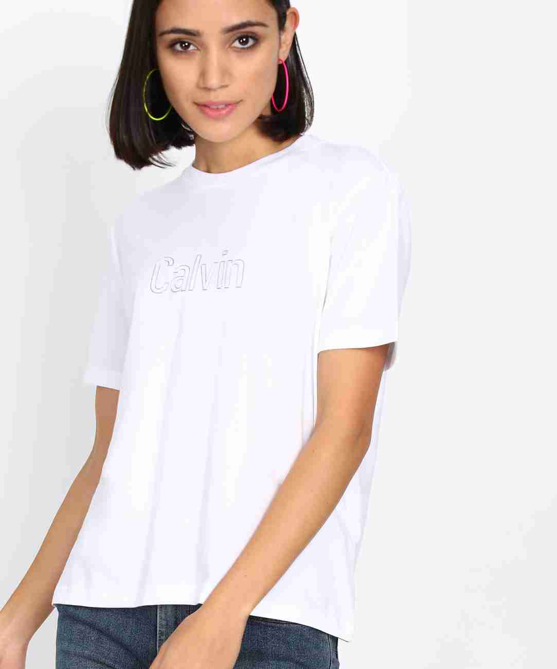 Calvin Klein Jeans Printed Women Round Neck White T-Shirt - Buy