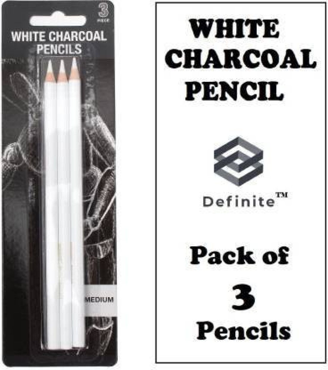 Rk 3 Pcs White Medium Charcoal Art Drawing Pencils Set,  Sketching Pencils for Dark or Tinted Paper round Shaped Color Pencils 