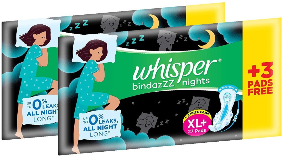 Whisper bindazZZ nights Sanitary Pads XL+ 27 pads +3 free for