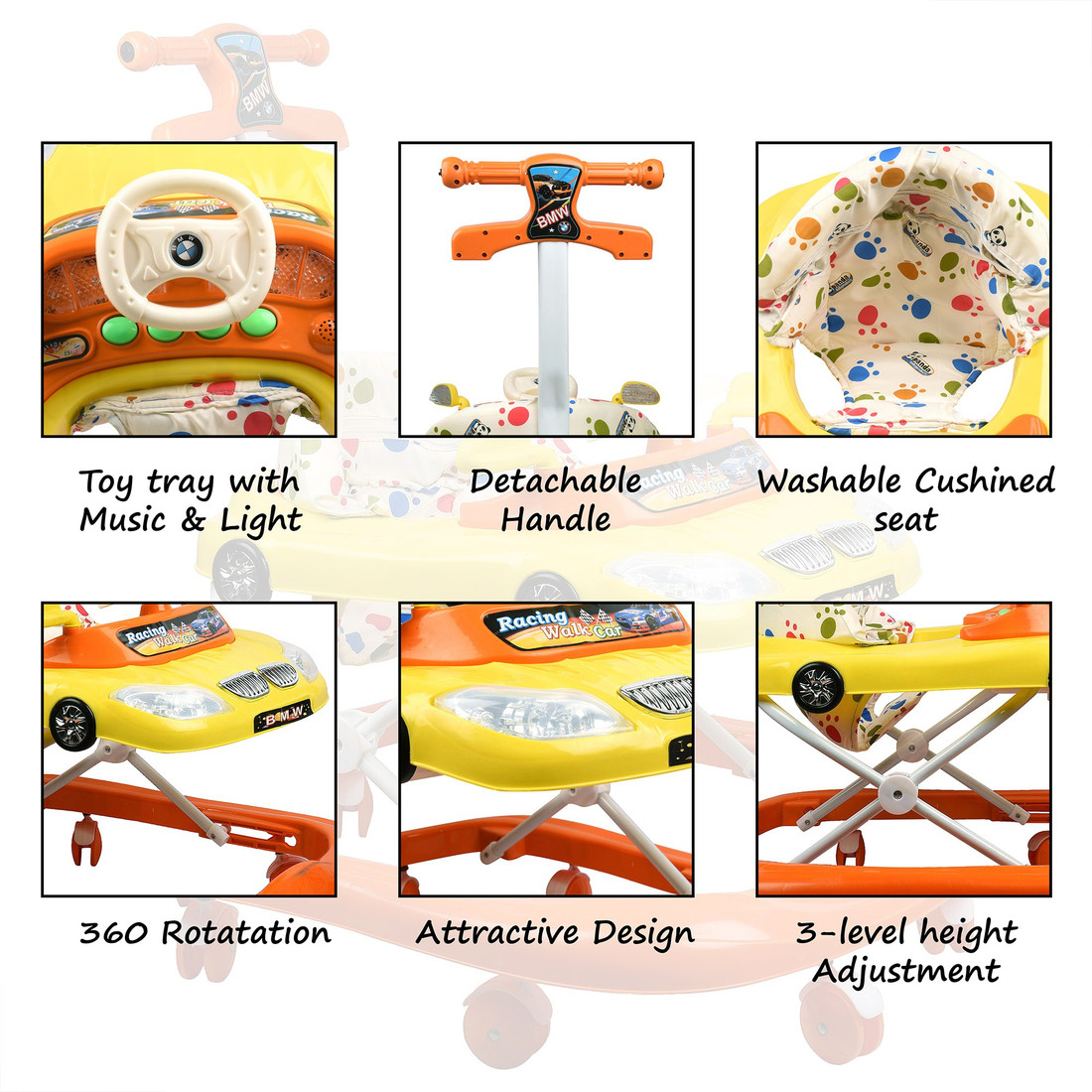 YEPDOM BMW Car Shaped Baby Walker Height Adjustable Musical
