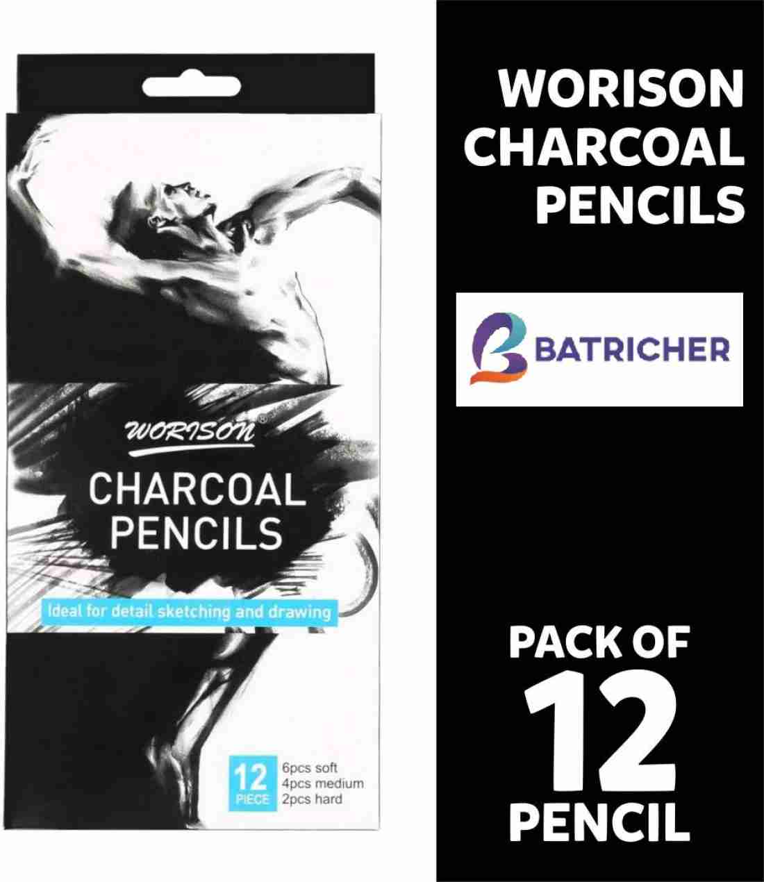 Worison Charcoal Pencils Drawing Set - 12 Pieces Soft Medium and Hard