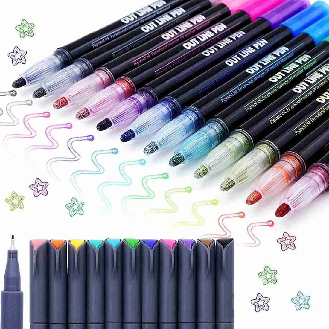 TOPHAVEN Double Line Outline Pens, 12 Colors Self-Outline  Metallic Markers Glitter - Permanent