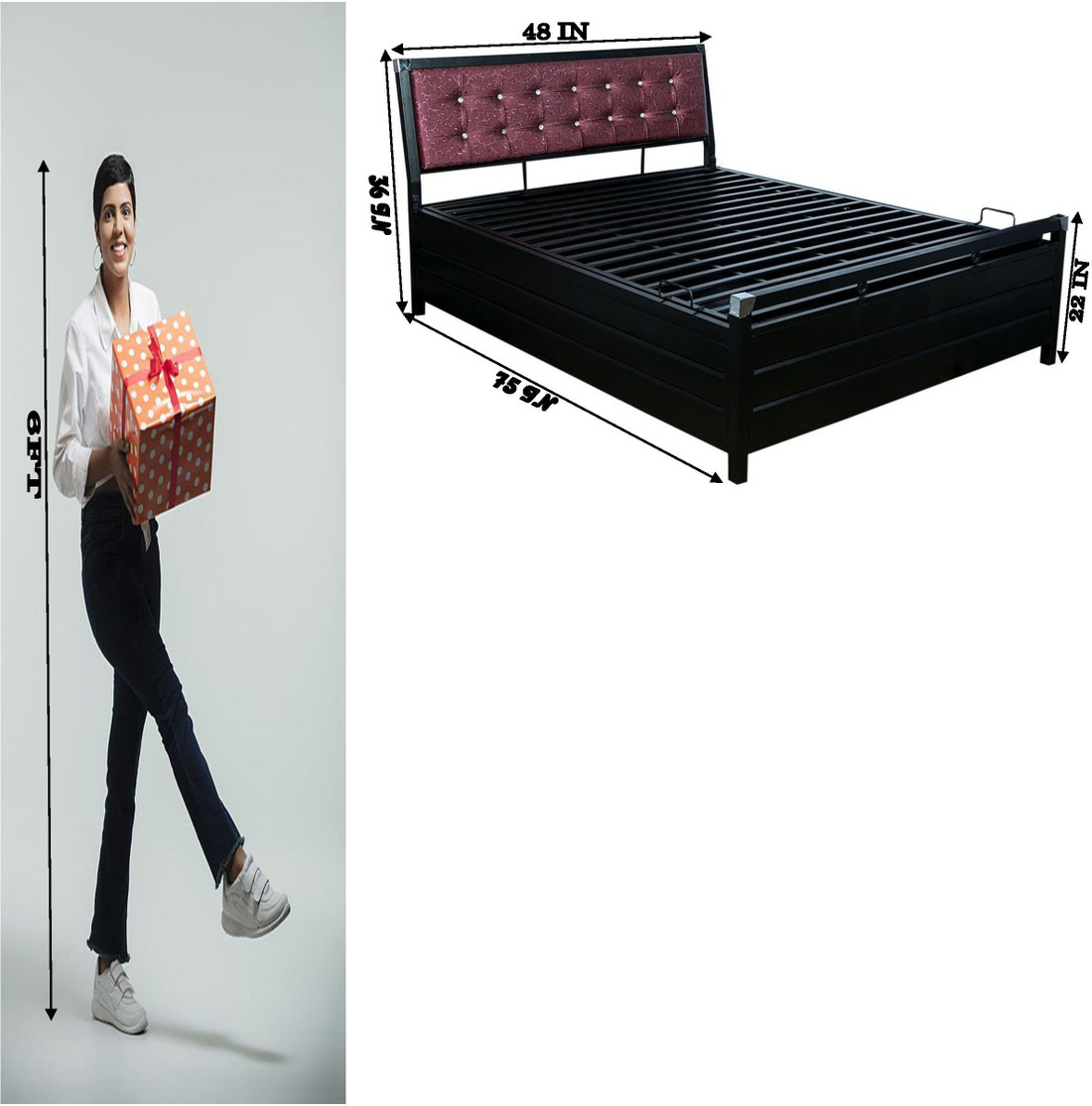 Wrought iron bed with hydraulic shop storage